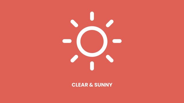 A white outlined bright sun with radiating rays weather icon on a warm coral orange background with clear and sunny descriptive label text