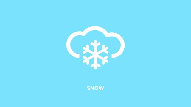 A white outlined snowflake inside a cloud weather icon displayed on a bright cyan blue background with snow label text below the symbol