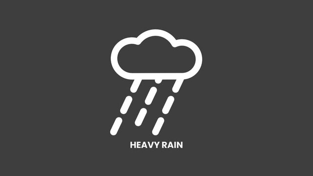 A white outlined rain cloud with heavy downpour lines weather icon on a dark charcoal gray background with heavy rain label below