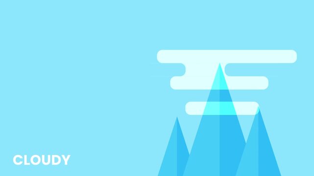A flat design cloudy weather landscape illustration showing white layered clouds over blue mountain silhouettes on a bright sky blue background