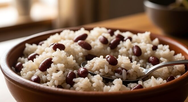 A bowl of delicious rice and red beans served with a metal spoon on a rustic wooden kitchen table. arroz frijoles