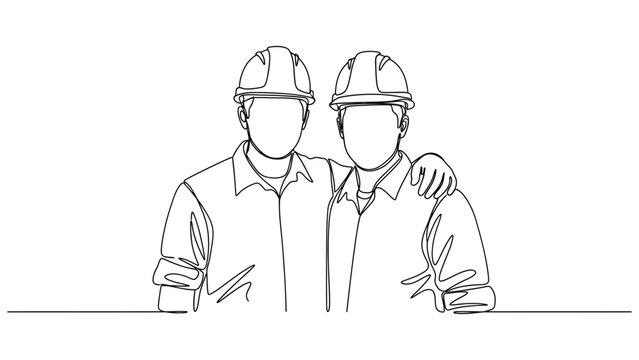 Continuous line drawing of two construction workers standing together.