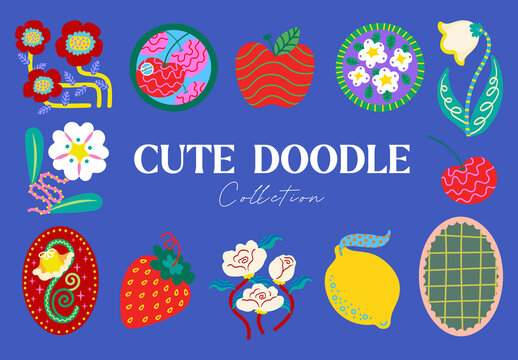 Colorful Doodle Fruit Element Set