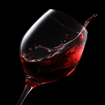 Red wine splashing in a clear glass isolated on black background with clipping path, concept of elegance and luxury refinement