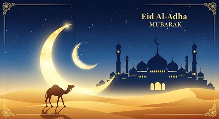 Eid Al-Adha mosque with camel in desert