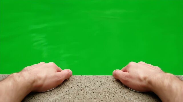Edge of Pool View with Hands on Concrete Isolated on Green Screen Background for Compositing and