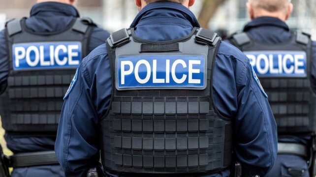 Ice Police Agent - officer of Immigration and Customs Enforcement. Close-up of POLICE ICE marking on the back of a stab proof vest worn by a trio of police officers at the scene of immigrant incident.