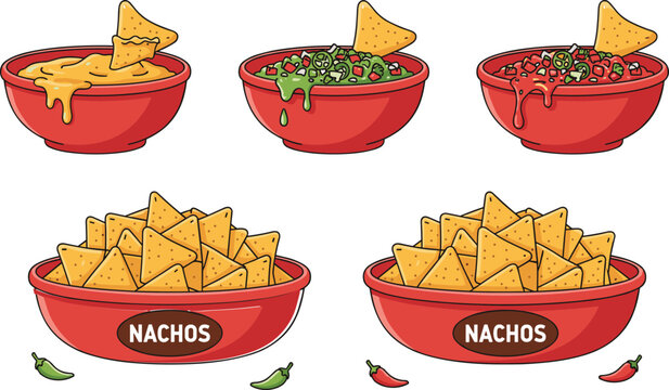 : Set of two bowls of nachos and three dipping sauces (cheese, guacamole, and salsa) with chili peppers isolated on white background.