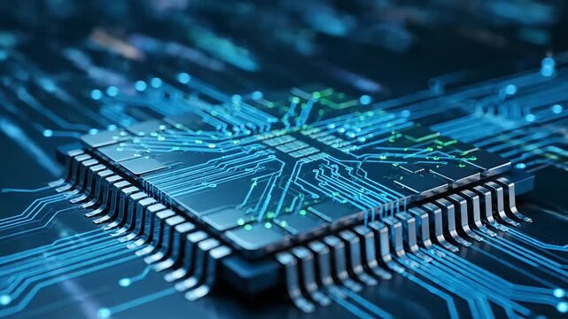 Central processing unit chip with glowing blue electric circuits pulsing with data and information flow, digital technology concept motion video clip