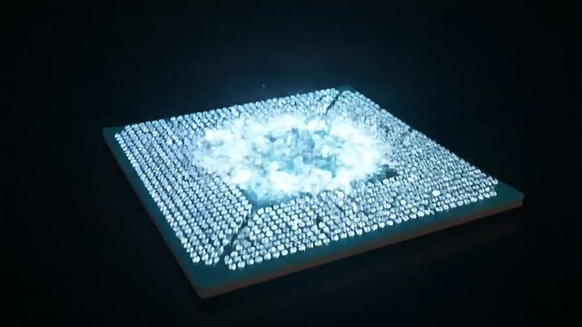 Microchip explodes with luminous digital fragments in a powerful burst of data and light, representing advanced AI technology, high-speed processing, and future computer innovation
