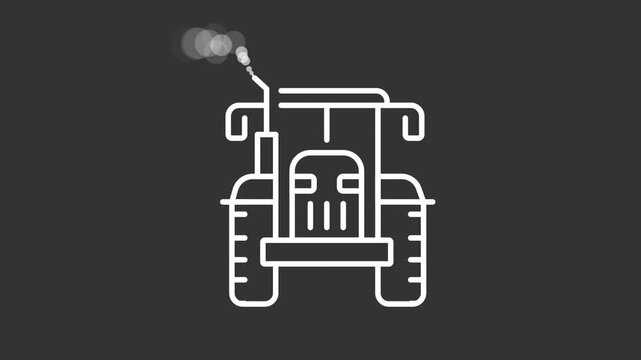 Animated tractor white line icon. Agricultural machinery animation. Farm industry vehicle. Pulling heavy implements. Agribusiness. Isolated element on dark background. Alpha transparent video