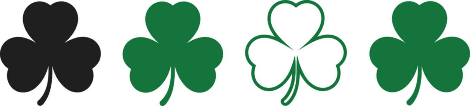 Set of 4 shamrock leaf icons vector illustration, stylized four leaf clover variations in outline and solid forms, elegant botanical icon set with smooth curves and symmetrical shapes, suitable for 