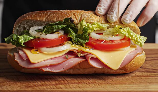 delicius ham and chese sub sandwich being assembled with fresh ingredients
