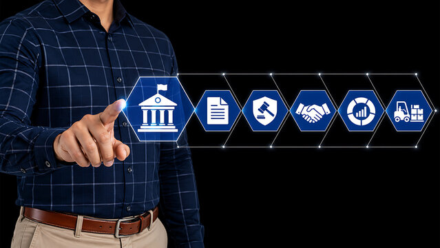 Businessman Hand Pointing Government Procurement Workflow Interface with Contract, Legal Compliance, Partnership and Logistics Management System