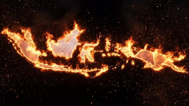 Indonesia map outline with dynamic burning fire animation and glowing particles on a dark background, illustrating energy, crisis, or abstract nation motion footage.