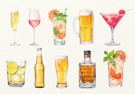 Colorful Assortment Of Refreshing Beverages Design Set