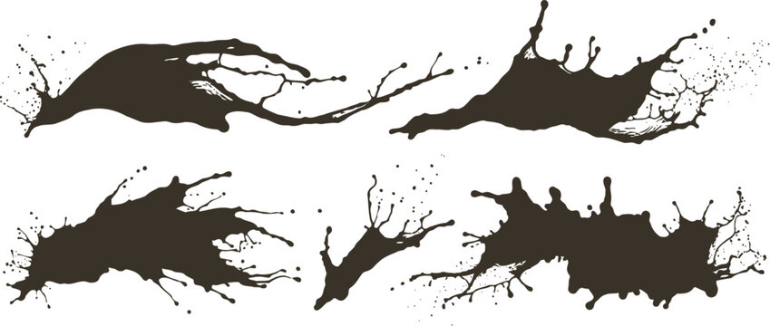 Four dark brown abstract ink or paint splashes and splatters on white background for grunge designs with splatter abstract background artistic creative isolated collection chocolate explosion
