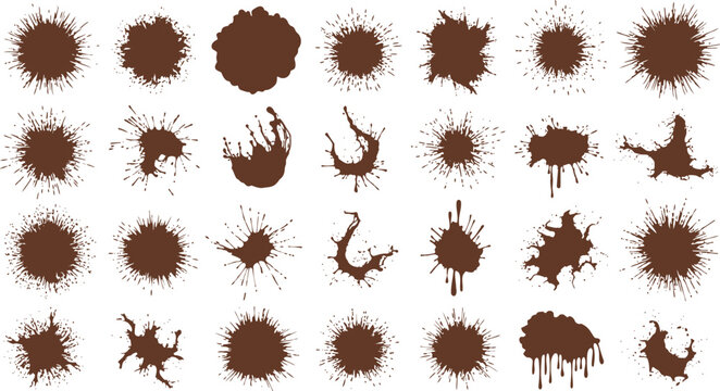 Large collection of diverse dark brown ink paint splatters and splashes on white background for grunge design elements with splatter abstract background artistic creative isolated collection