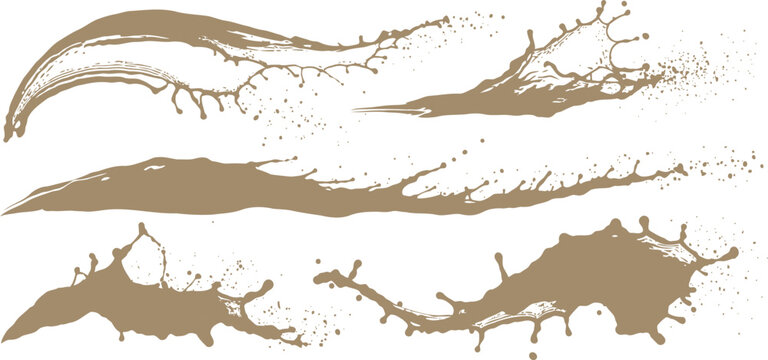 Set of abstract brown paint or liquid splash elements in various dynamic elongated and wavy shapes with splatter abstract artistic decorative background isolated collection creative movement