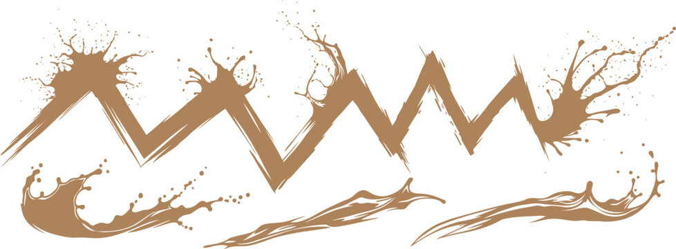Abstract brown paint or liquid splash forming a dynamic zigzag pattern with splatters and drips splatter abstract artistic decorative background isolated creative brushstroke movement