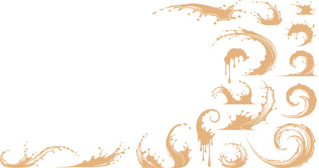 Fototapeta premium Light brown swirling splash and drip graphic elements forming a decorative corner frame texture with stain splash design element artistic background creative isolated collection illustration