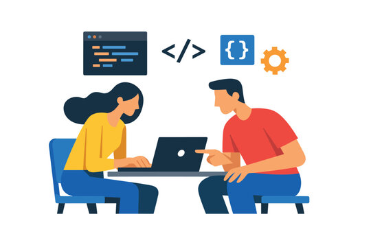 Software development concept with programmer writing code on laptop in workspace