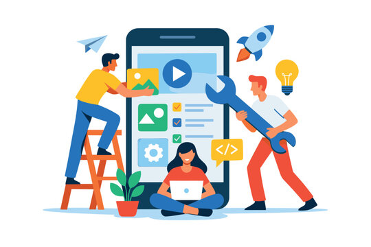 App creation concept showing mobile interface design and software development process