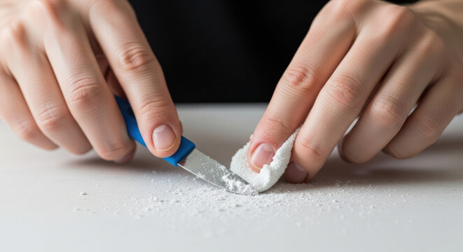 Hands meticulously scraping eraser with a utility knife.