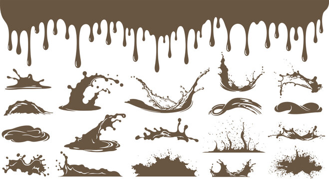 Various dynamic brown liquid splash splatter drip graphic elements set isolated on white background showcasing diverse fluid motion effects with splatter collection chocolate illustration isolated