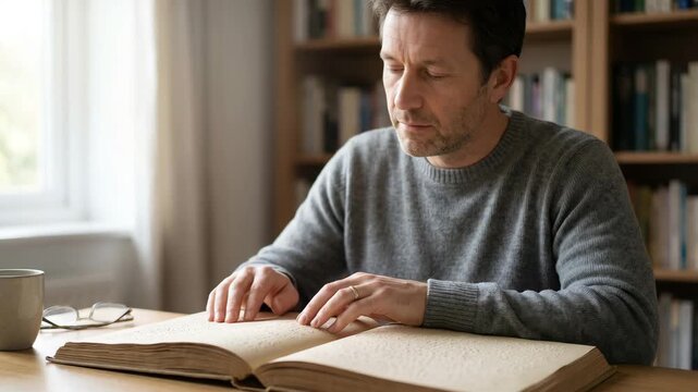 Man reading braille book with fingers at home, accessibility and education, visual impairment, inclusive learning, literacy, independence, quiet study environment