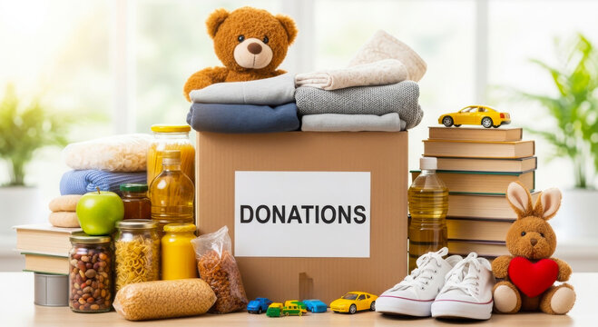 A cardboard box filled with various donated goods including clothing toys food items and books
