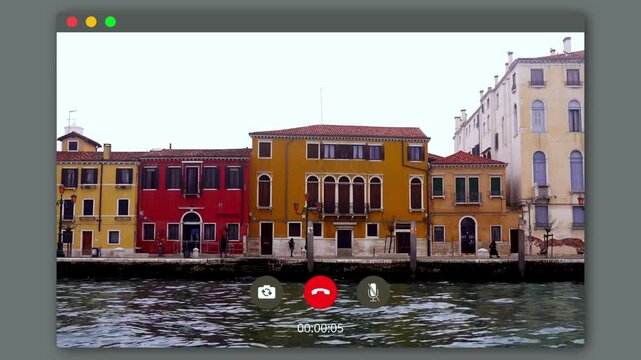 Video call interface mockup featuring a boat tour of colorful buildings in Venice Italy.