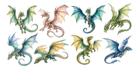 Obraz premium A charming watercolor set of fantasy dragons featuring colorful wings curled tails and detailed scales illustrated in a magical storybook style.