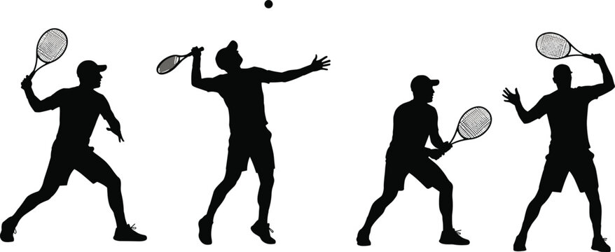 Set of four black silhouettes of male tennis players in various action poses isolated on a white background.