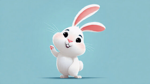 Cute cartoon white bunny waving, big eyes and pink ears on soft blue background