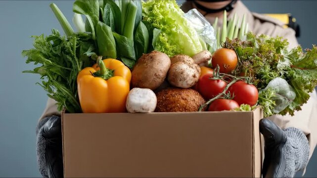 Gloved hands cradle a brown carton filled with vibrant garden produce. Fresh bell peppers, ripe tomatoes, leafy greens, various mushrooms, potatoes delivered promptly, online grocery convenience.