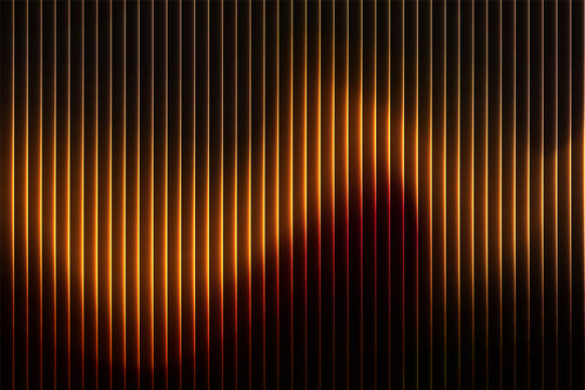 Abstract warm golden orange vertical light lines forming smooth gradient wave pattern on dark background, futuristic neon stripes with glowing energy motion and radiant flow