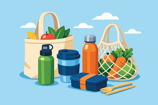 Reusable bags and bottles help reduce plastic waste and protect environment.