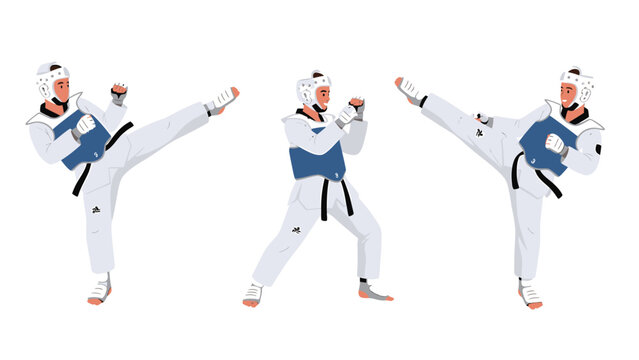 Dynamic Taekwondo athlete in protective gear demonstrating high kicks and fighting stances, isolated vector illustration