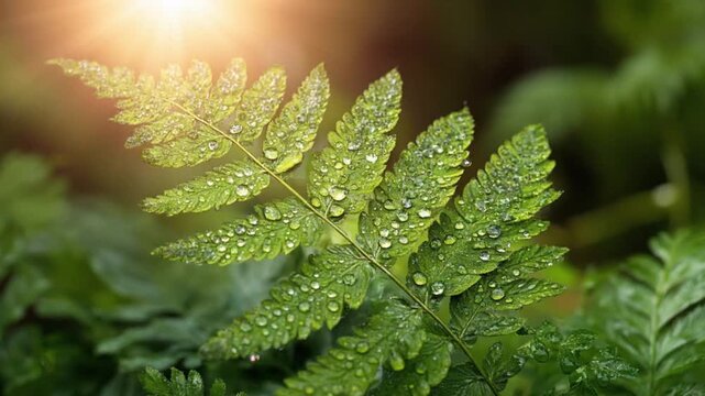 Green fern leaf with water drops.