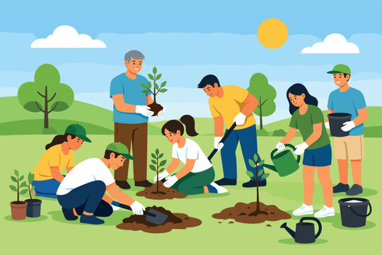 Volunteers plant trees supporting reforestation and environmental protection efforts.