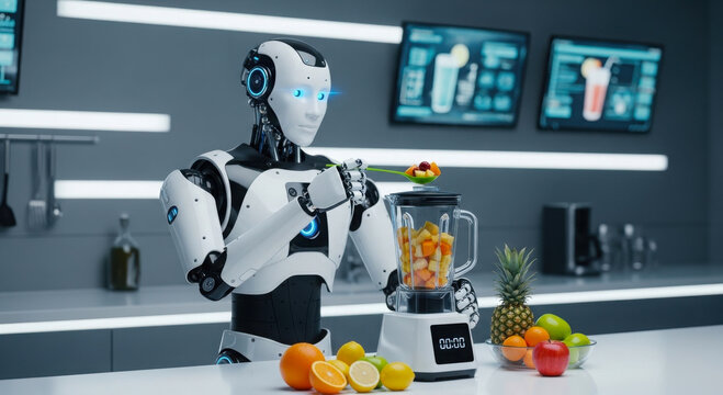 A sophisticated humanoid robot efficiently prepares a fresh fruit smoothie in a modern high-tech kitchen environment