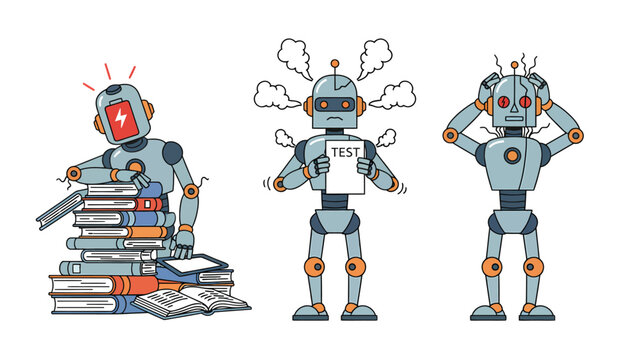 Set of three stressed and tired robots, depicting concepts of overload, failure, and anxiety in artificial intelligence.