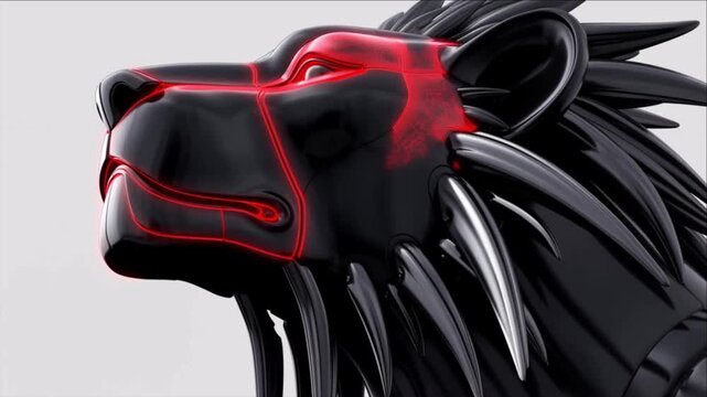 3Dプリントで構築される精密ロボットライオンの顔と赤色回路の点火タイムラプス