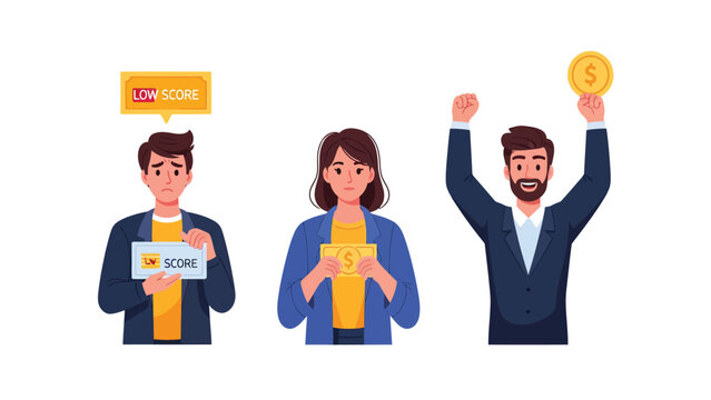 Financial Health & Credit Score Spectrum: Low Score, Debt, and Wealth Success Illustration
