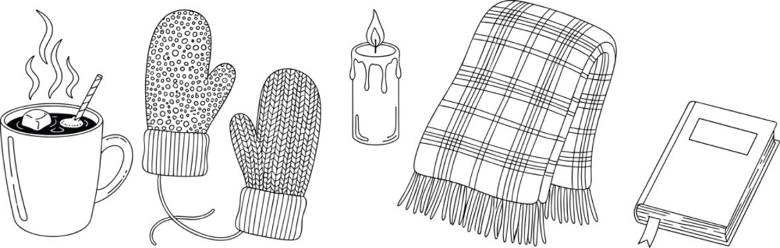 Cozy winter hygge elements set with hot drink mittens candle blanket and book minimal line art vector illustration