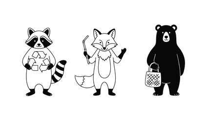 Naklejka premium Eco-Friendly Cartoon Animals Collection: Raccoon, Fox, Bear with Recycling Symbol, Reusable Straw and Shopping Bag