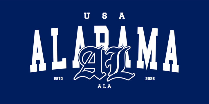 Retro typography college varsity alabama america slogan print for graphic jersey, tee, hat, t-shirt, sweatshirt, or wall art design - Vector