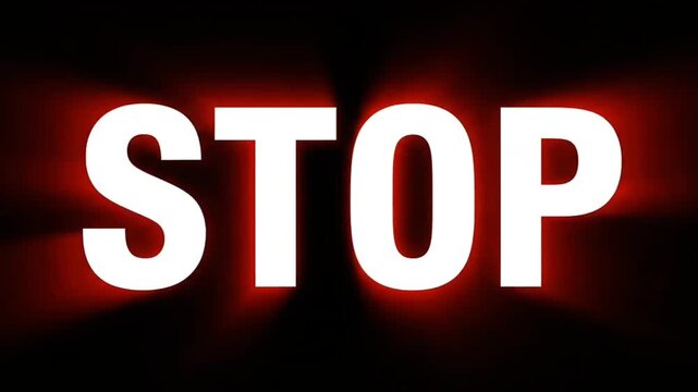 A glowing red STOP sign appears prominently on a dark background with radiant light effects.