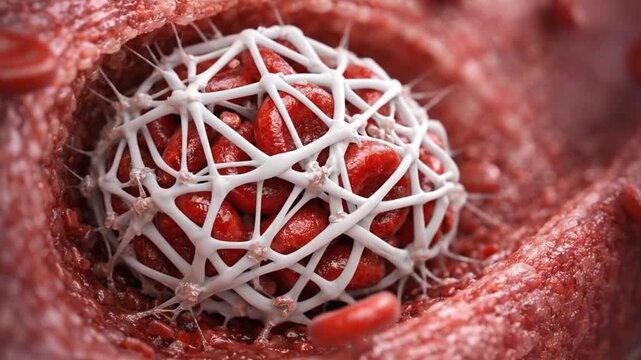 Blood clot formation with red cells and fibers, medical concept, circulation system, healthcare science.